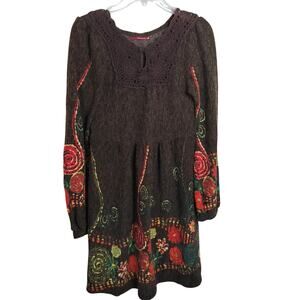 4986)Silvergate Brown Floral  Crochet Neck Boho Cottagecore Sweater Dress XS?